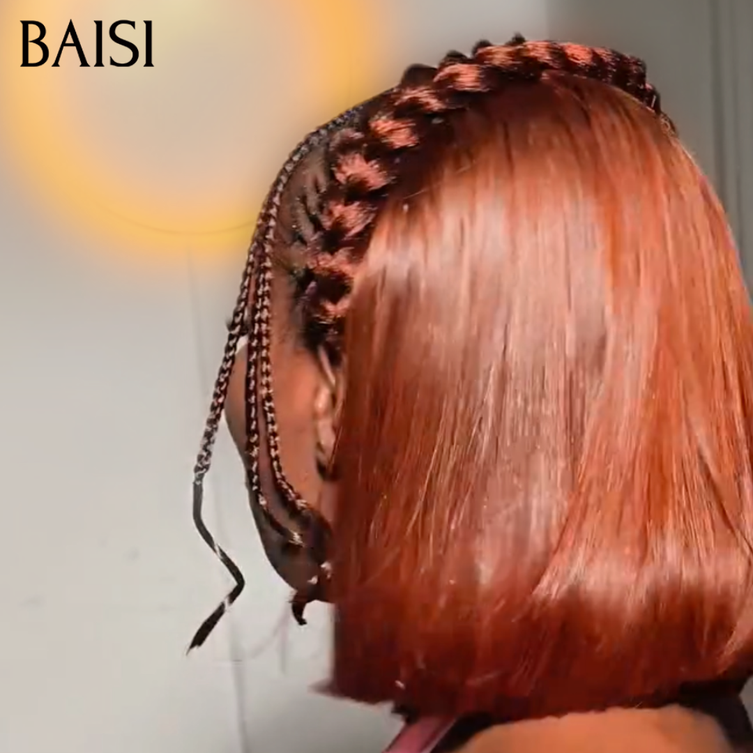 BAISI 13x4 Lace Perruque Coiffée Bob Lisse Orange Gingembre #33 Devanture En Nattes Style Chiffre 6 Taille 8Pouces 108€ 100% Cheveux humains