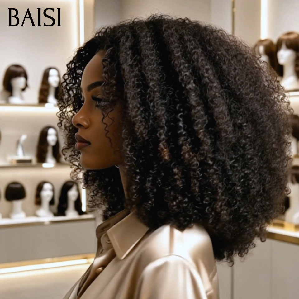 BAISI 4x4 Lace Perruque Kinky Afro Sans Colle 18Pouces 168€ Couleur Noir 1B# Pratique Facile A porter Volume Bien Pleine en 100% Cheveux humains