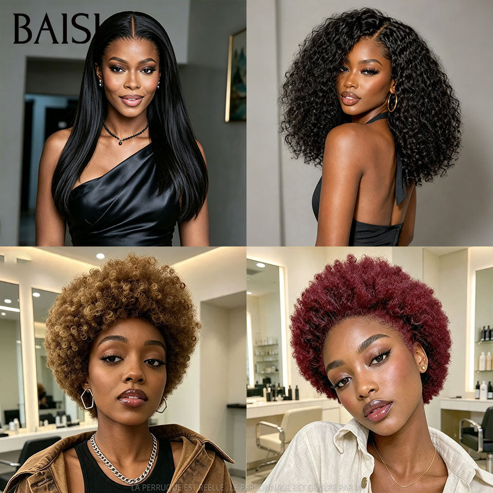 BAISI Lot de 4 Perruques Combo 260€ Lisse Noir 12Pouces + Curly Wave Noir 18Pouces + 2 Petite Coupe Colorée 6Pouces Prix Mini Spécial Pour Revendre en 100% Cheveux humains