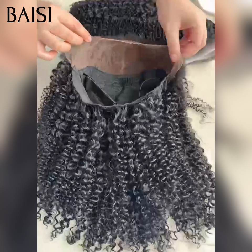 BAISI 13x4 Lace Perruque Bob 4C Hairline Sans Colle Curly Wave Effet Naturel Taille 8-14Pouces Couleur Noir 1B# Prête A Porter Pratique Au Quotidien en 100% Cheveux humains