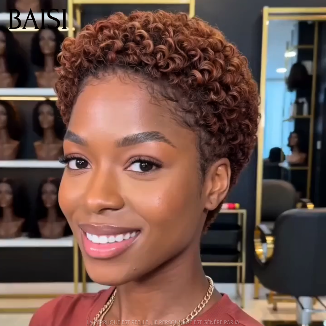 BAISI Perruque Pixie Bouclée Marron Clair 30# 49€ Sans Colle Sans Lace Pour Débutantes en 100% Cheveux humains