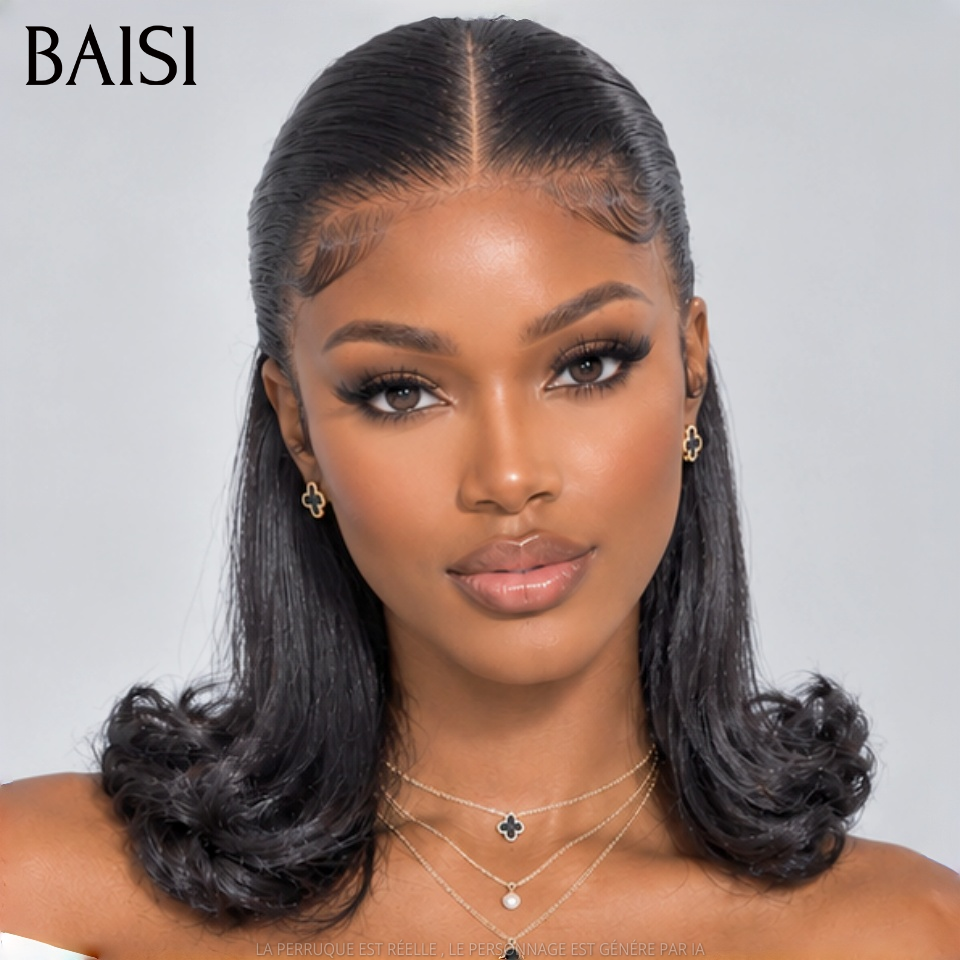 BAISI Moitié Prix Perruques un Updo Coiffure Chignon queue de cheval avec 13x4 Lace Frontale 12 Pouce en Noir en 100% cheveux humains