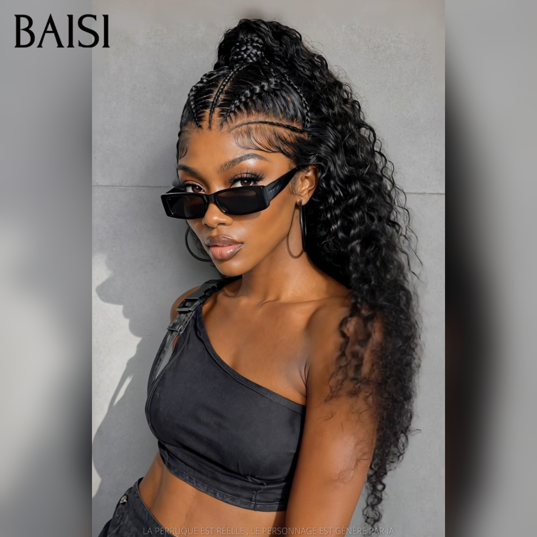 BAISI 13x6 Lace Perruque Déjà Coiffée Deep Wave Natté Couleur Noir La Classe Au Travail en 100% Cheveux humains