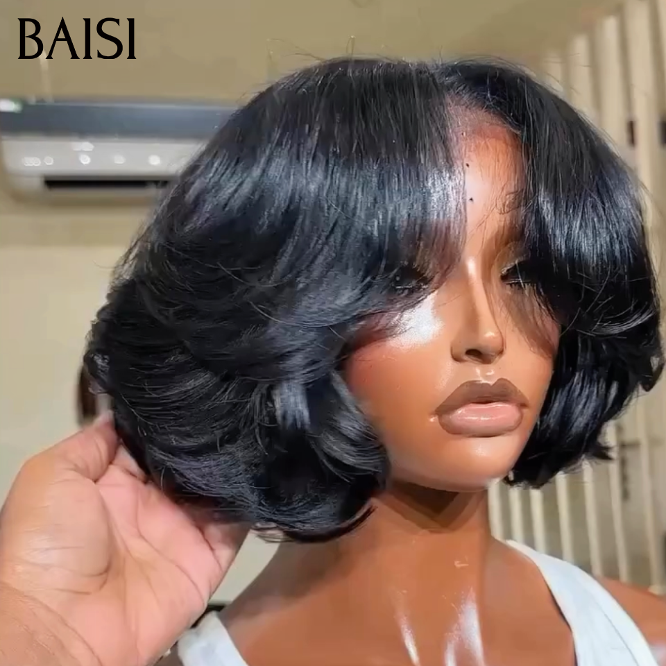 BAISI PROMO 2 Perruques 4x4 Lace Petite Coupe Ondulée +  2x4 Lace Bob Lisse Avec Frange 129€ Seulement Tendance Unique Pour les Vacances en 100% cheveux humains