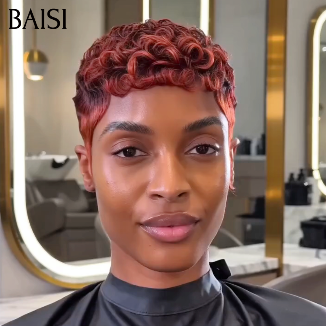 BAISI Perruque Pixie Curl Promo 78€ en Couleur Orange Rouge Sans Colle en 100% Cheveux humains
