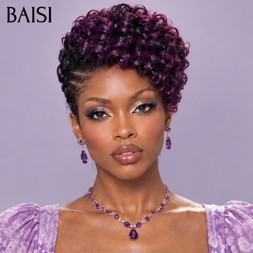 BAISI 13x4 Lace Perruque Déjà Coiffée Curly Violet Courte A Partir de 139€€ Couleur En Vogue Mèche de Qualité en 100% Cheveux humains MP50