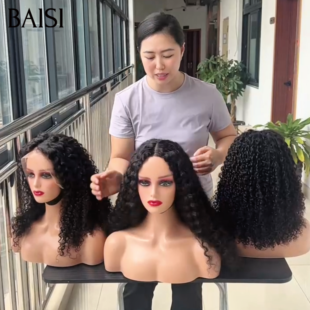 BAISI 13x4 Lace Perruque Curly Noir Longues 100% Raw Hair Bonne volume Bonne Qualité 100% Réel en 100% Cheveux humains