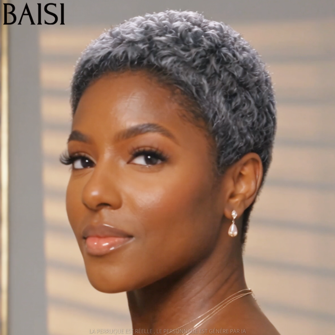 BAISI Perruque Pixie Frisée Afro Courte Gris Collection Poivre et Sel 78€ Sans Colle Sans Lace Excellente Cadeaux de Grand Mère en 100% Cheveux humains