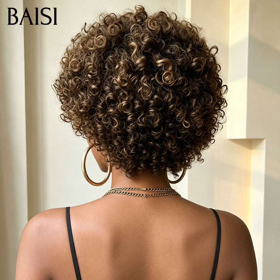 BAISI Perruque Pixie Curly Wave Couleur Marron Mixte 4/30# Sans Lace Sans Colle Facile à Porter Toute en Beauté  en 100% Cheveux humains