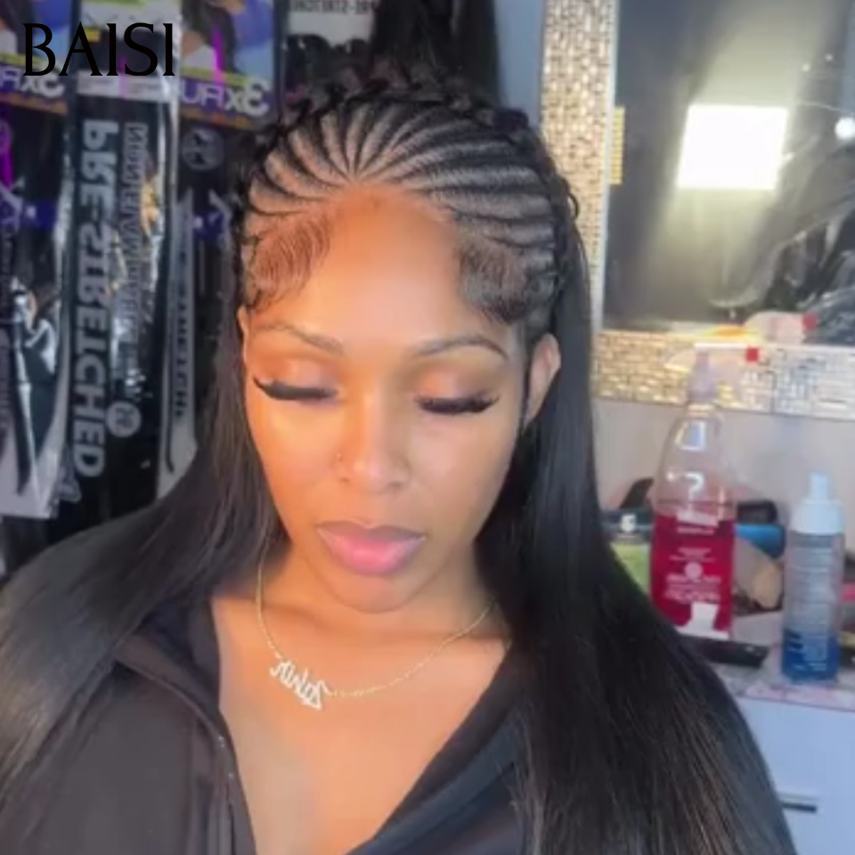 BAISI 13x6 Lace Perruque Coiffée Lisse 22Pouces 218€ Couleur Noir 1B# Devanture Petites Nattes Rampantes Cheveux Serre Tête en 100% Cheveux humains