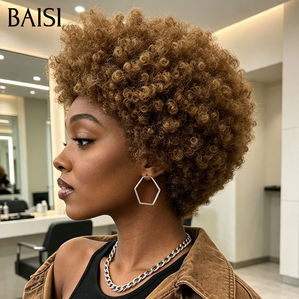 BAISI 13x4 Lace Perruque Pixie Afro Curly Couleur Mixte Miel 4/27# Super Elégante en 100% Cheveux humains