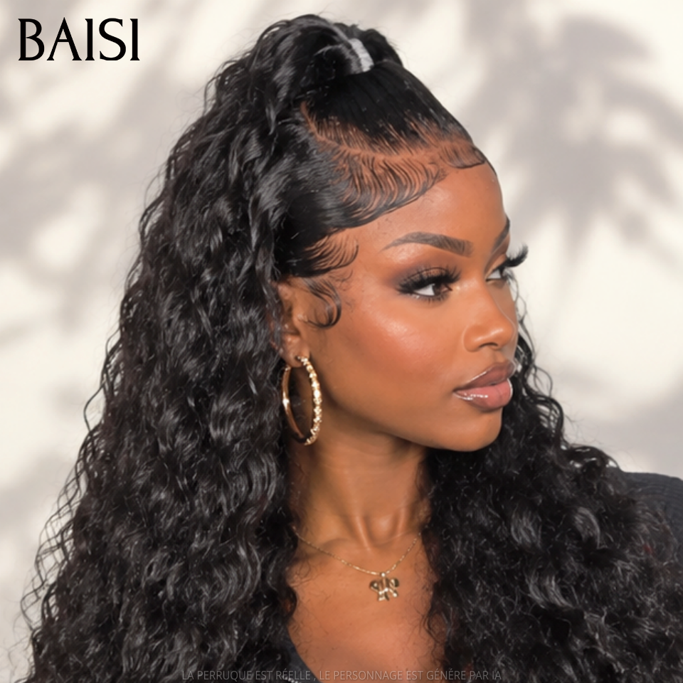 BAISI 13x4 lace Perruque Coiffée Longue Curly Couleur Noir 1B# Prête A Porter Au Quotidien en 100% Cheveux Humains