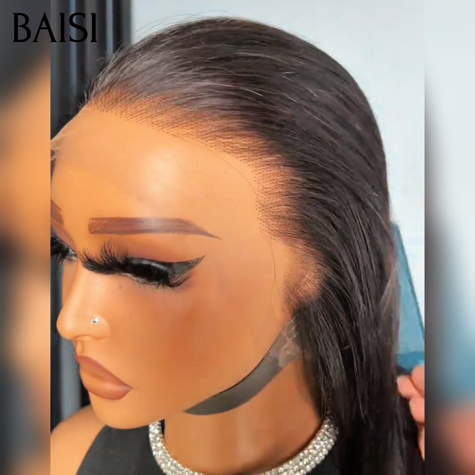 BAISI  Perruque 360 Lace ou frontal Lace avec Queue de cheval Lisse 20 Pouces NOIR en 100% Cheveux Humains