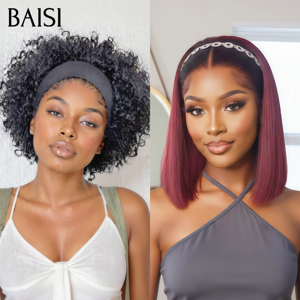 BAISI Lot de 2 perruques avec bandeau noir 1B# + 2x6 Lace Bob Vietnam hair rouge 99J#  10 Pouces 139€ Seulement Prix pas Chèr Très Bonne Qualité en  100% Cheveux Humains