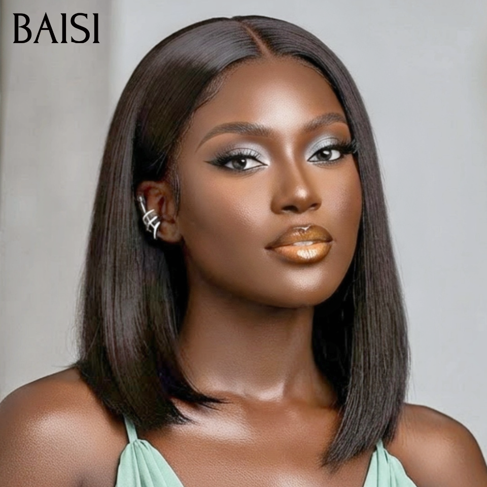 BAISI 4x4 Lace Closure Perruque Bob Curly Wave Avec Frange ou 2x6 Lace Perruque Bob Lisse 100% Vietnam Hair Top Qualité Pratique Pour le Travail 12Pouces Couleur Noir 1B# 14Pouces en 100% Cheveux humains