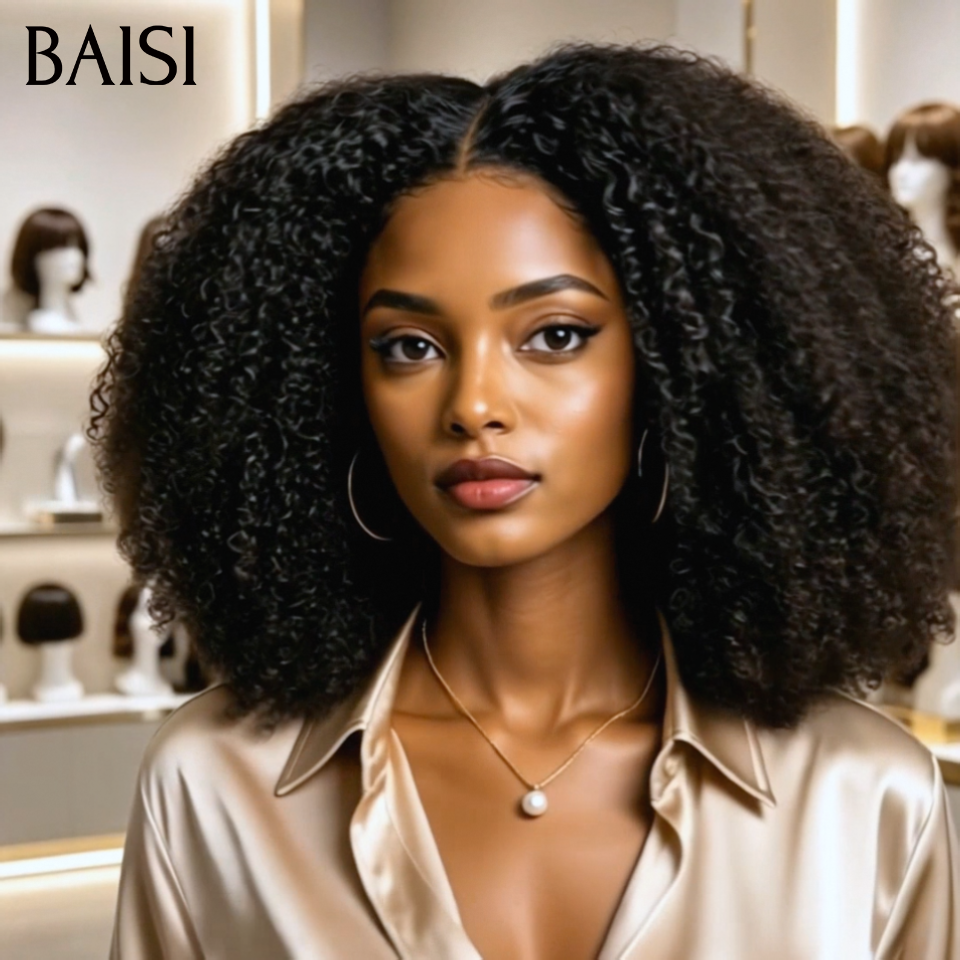 BAISI 4x4 Lace Perruque Kinky Afro Sans Colle 18Pouces 168€ Couleur Noir 1B# Pratique Facile A porter Volume Bien Pleine en 100% Cheveux humains