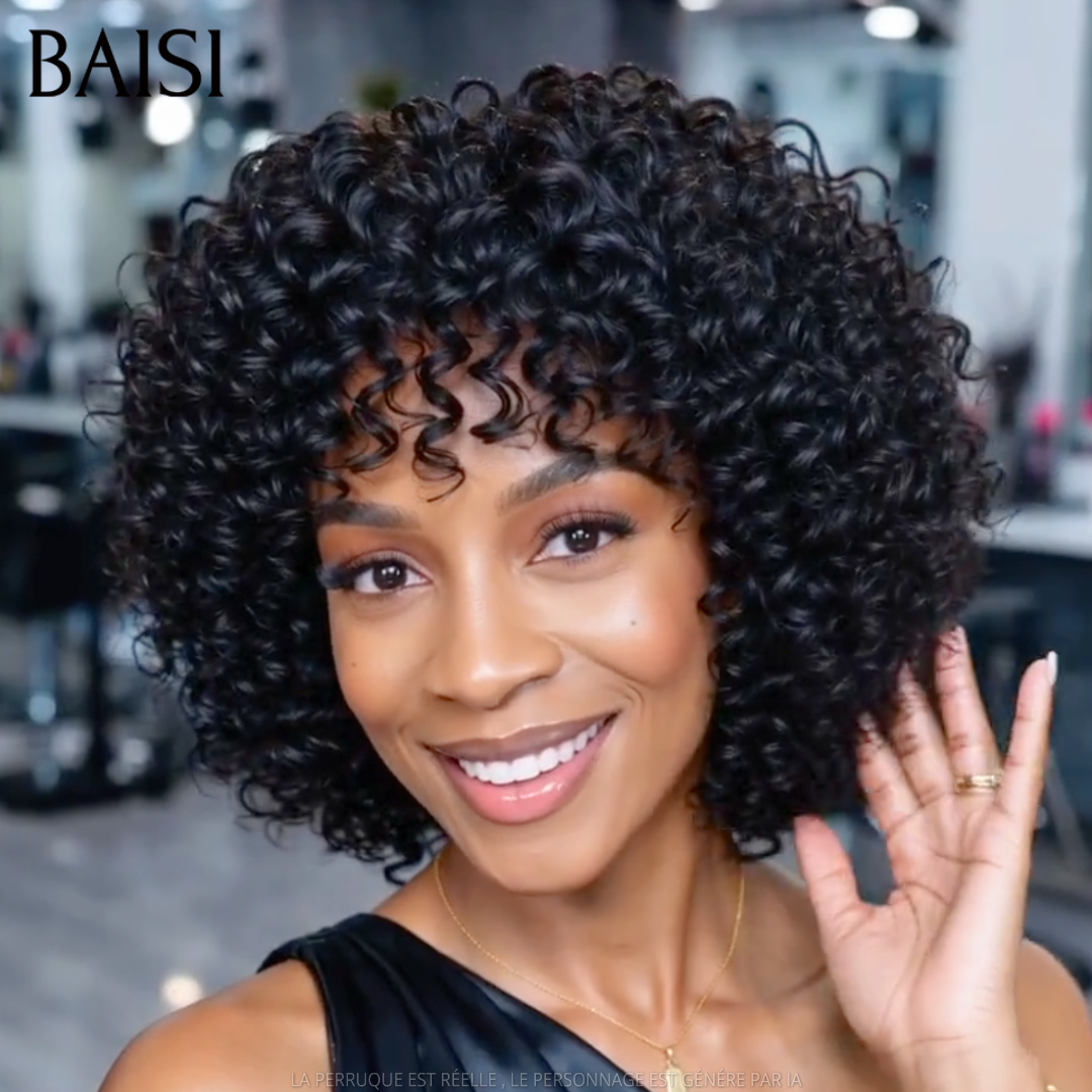 BAISI Perruque Bob Curly Couleur Noir Avec ou Sans Frange 89€ Sans Colle Sans Lace et Frontale Top Modèle en 100% Cheveux humains