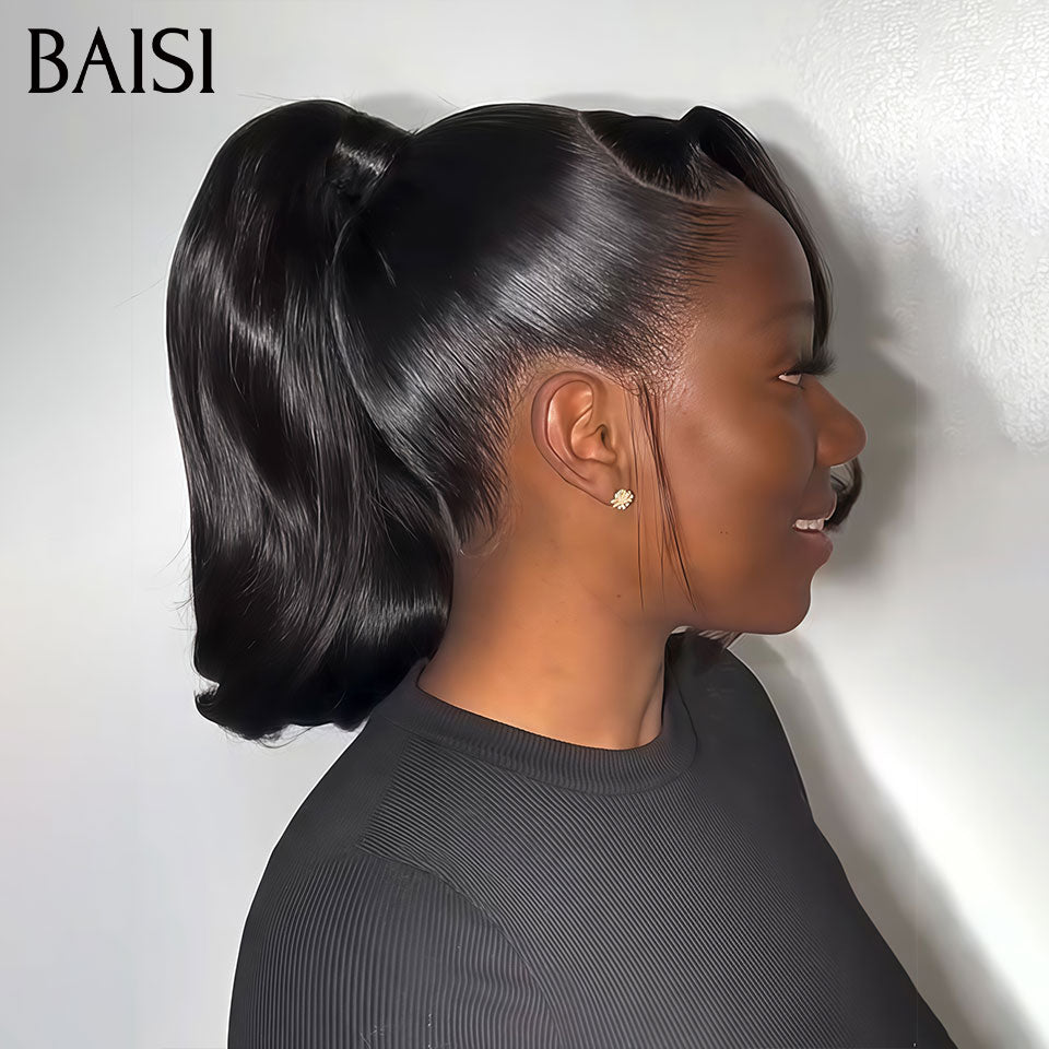 BAISI 360 Lace Perruque avec Queue de cheval Ondulée Noir 16 Pouces 179€ Seulement Coiffure Changeable à Volonté en 100% vrais cheveux humains