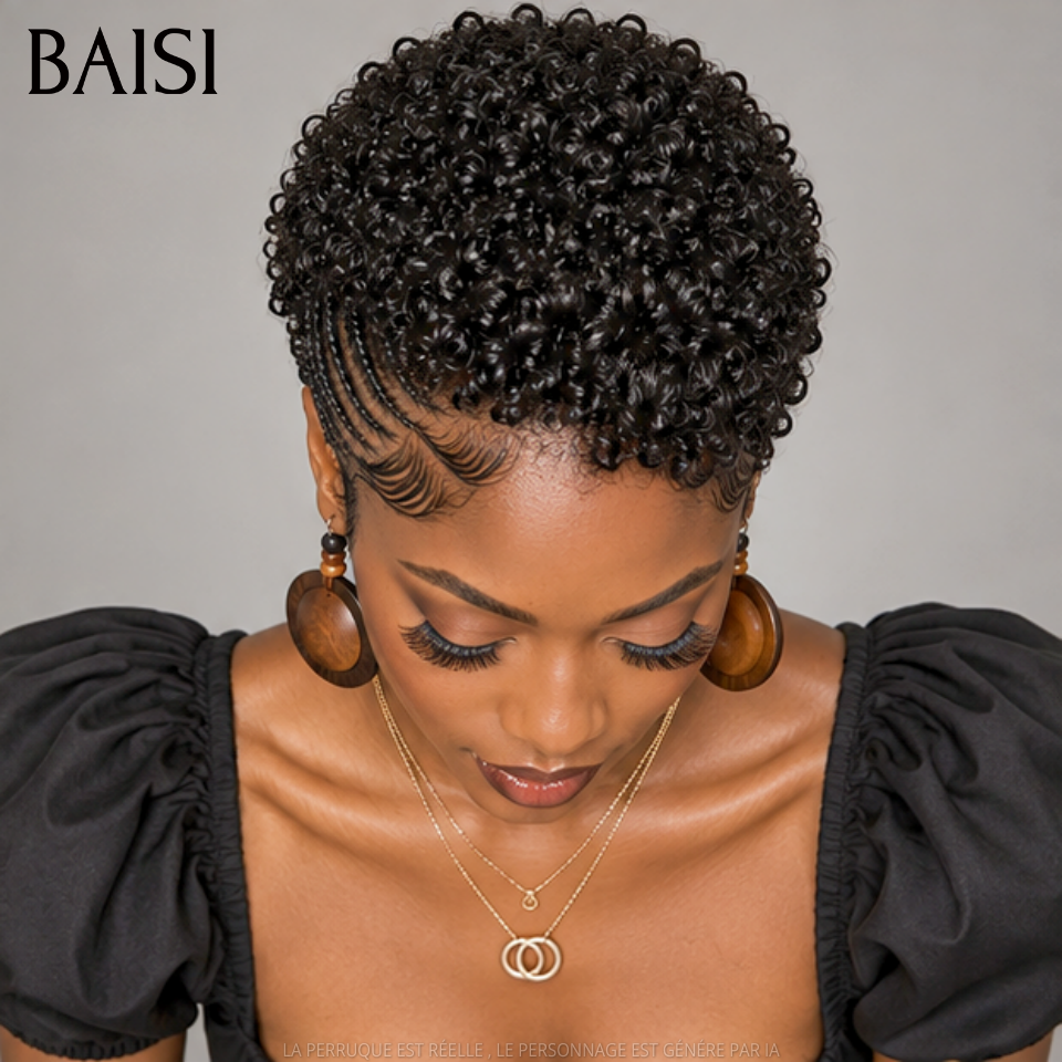 BAISI  Full Lace Perruque Pixie Courte Frisées Aves Nattes de Côté Déjà Coiffée  159€ Couleur Noir #1B Très Bonne Qualité 100% Cheveux humains MP50