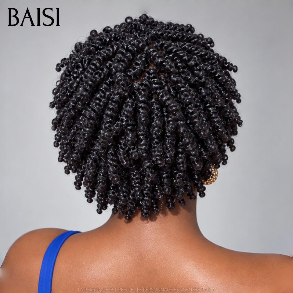 BAISI Perruque Full Lace 89€ 100% Cheveux Naturels Perruque Pixie petite coupe Raie sur le côté natte en Couleur Noir en 100% cheveux humains