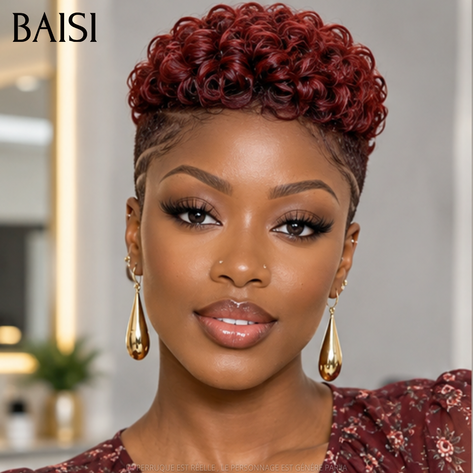 BAISI Full Lace Perruque Pixie Courte Curly 159€ Couleur Rouge Bordeaux 1B/99J# Très Moderne en 100% Cheveux Humains