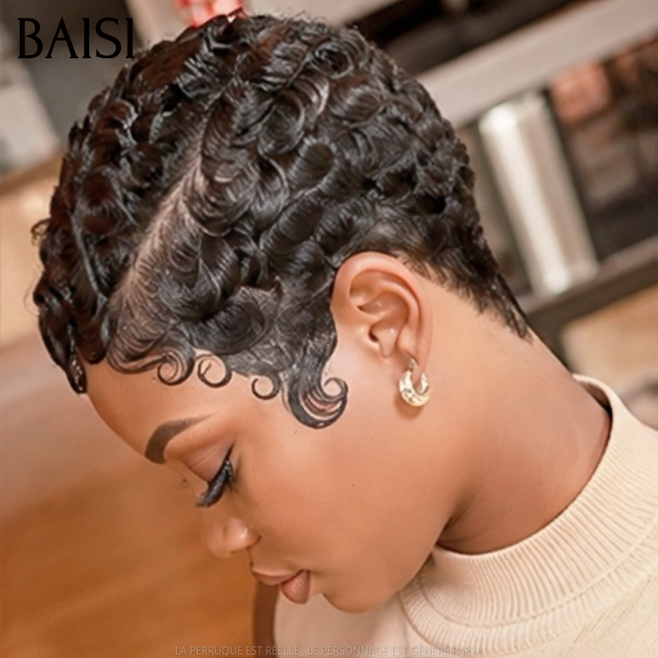 BAISI Achetez 1 +1 Gratuite= 88€ 4x4 lace lisse bob 1BT30# 10 pouces et sans lace pixie ou Lisse + curly + san lace en 100% vrais cheveux humains
