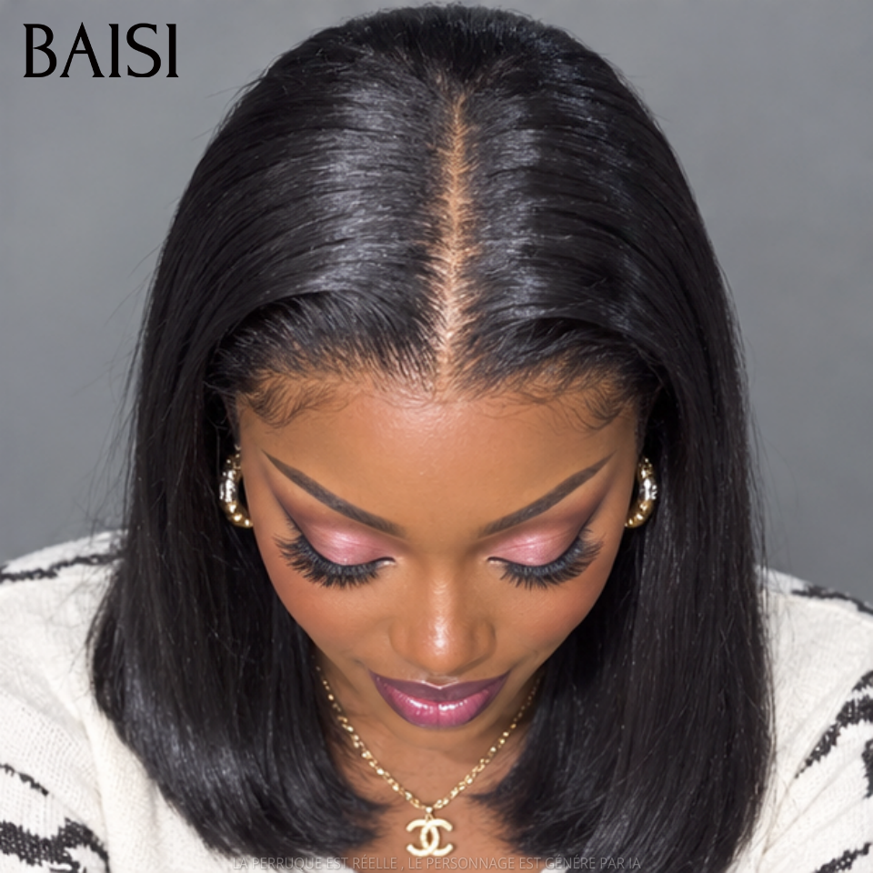 BAISI 5x5 HD lace Invisible Perruque Lisse Bob SDD BONE STRAIGHT en Noir en 100% Cheveux Humains 200% Densité