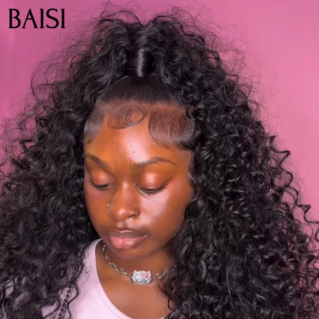 BAISI 13x4 Lace Perruque Déjà Coiffée Curly Couleur Noir 20pouces 26pouces et 30Pouces Pour le travail en 100% Cheveux humains
