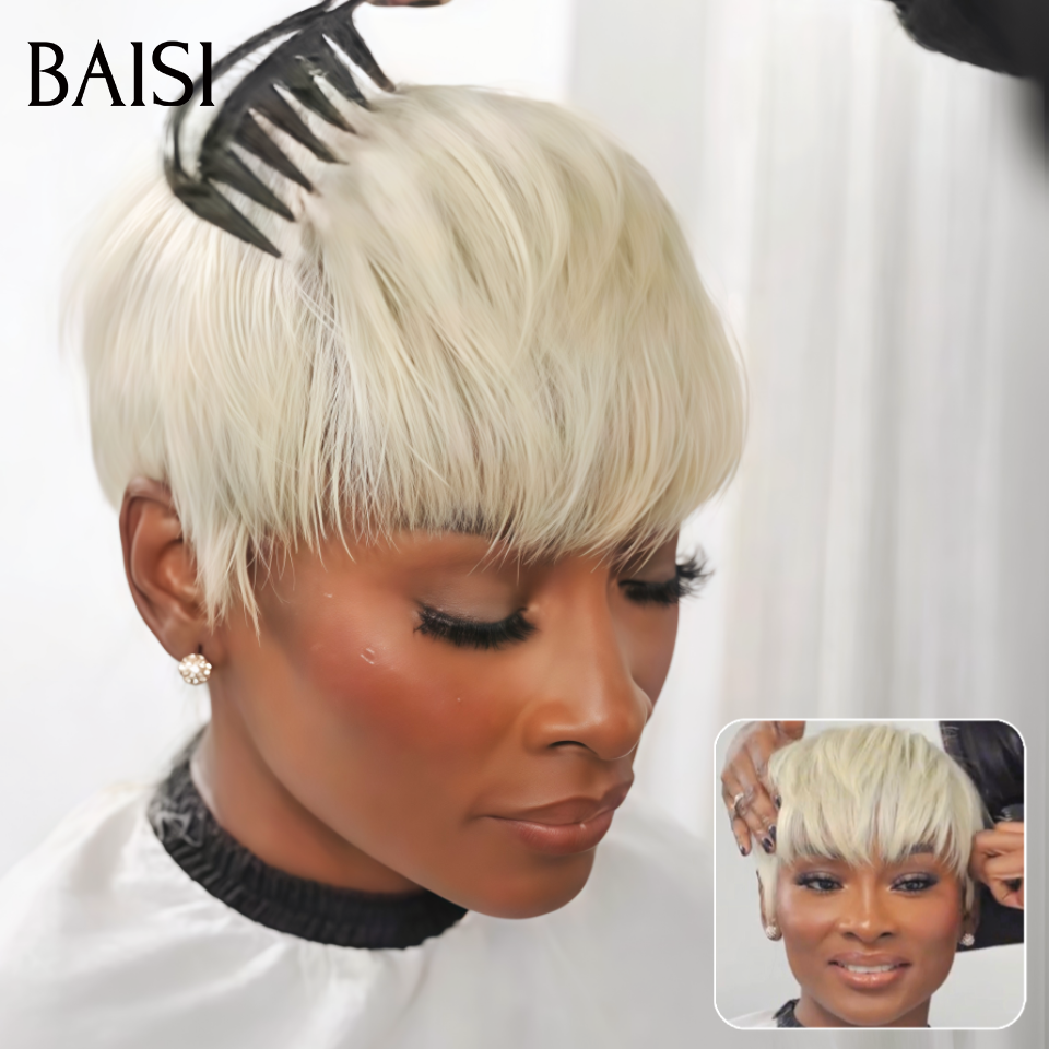 BAISI 13x4 Lace Perruque Coiffée Pixie Lisse Courte Couleur Blanc Crème #60 124€ Deja Prête A Porter En 100% Cheveux Humains