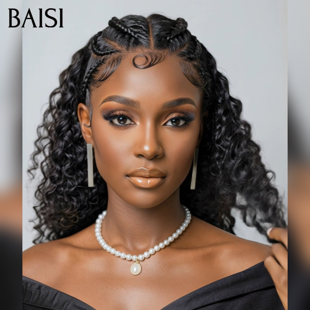 BAISI 13x4 Lace Perruque Curly Wave Déjà Coiffée Couleur Noir 16pouces et 20Pouces Coiffure Parfaite pour les Femmes Noires en 100% Cheveux humains