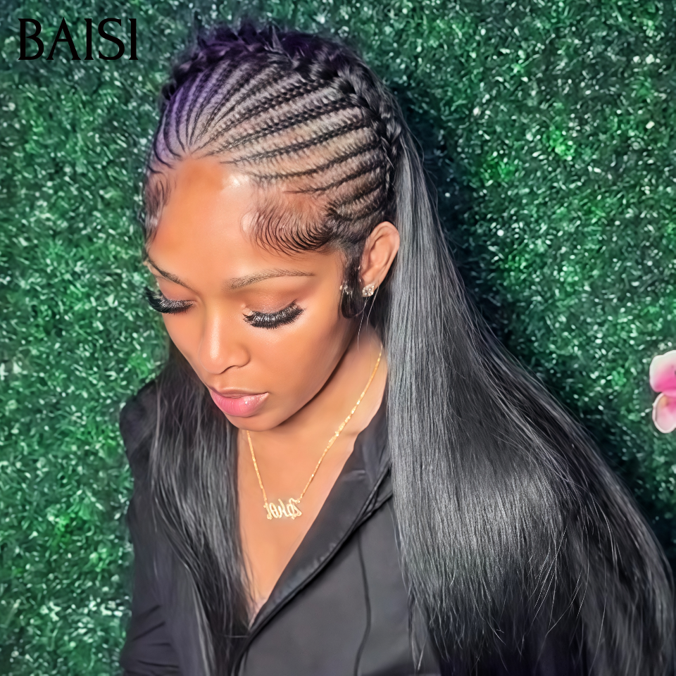 BAISI 13x6 Lace Perruque Coiffée Lisse 22Pouces 218€ Couleur Noir 1B# Devanture Petites Nattes Rampantes Cheveux Serre Tête en 100% Cheveux humains