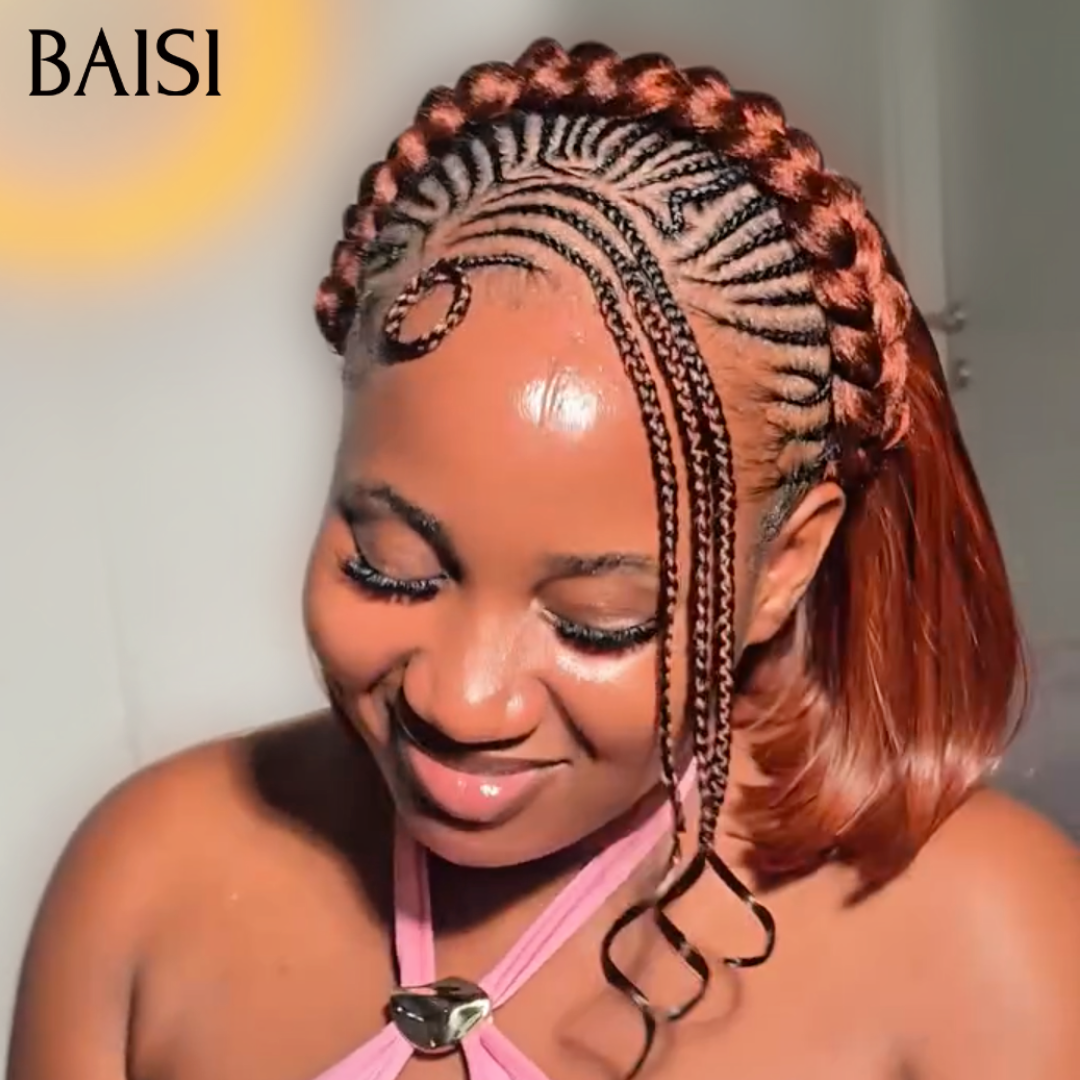 BAISI 13x4 Lace Perruque Coiffée Bob Lisse Orange Gingembre #33 Devanture En Nattes Style Chiffre 6 Taille 8Pouces 108€ 100% Cheveux humains