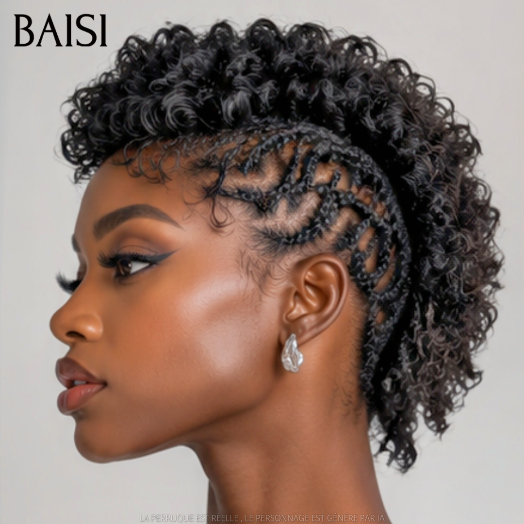 BAISI Full Lace Perruque Pixie Courte Déjà Coiffée  et Nattée Couleur Noir 176€ Choix Idéal Contre Chaleur Look Extra en 100% Cheveux humains