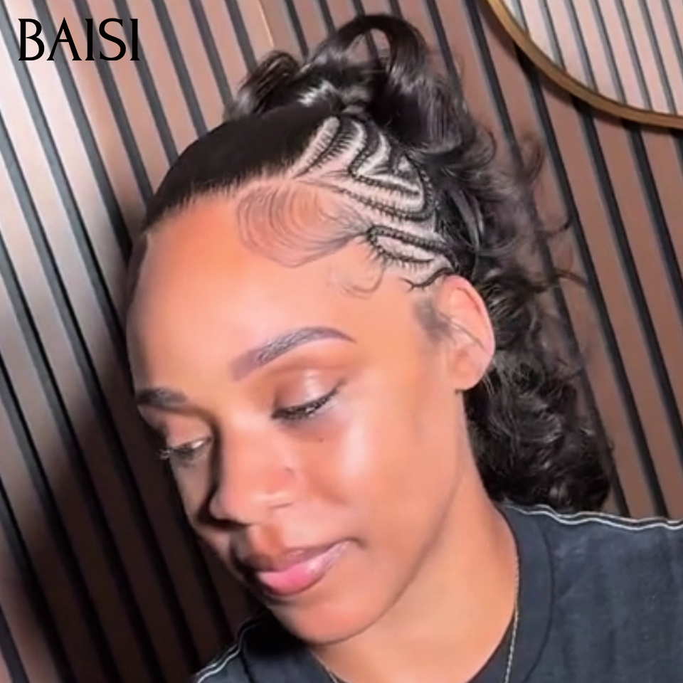 BAISI Full Lace Perruque Coiffée Ondulée 189€ Couleur Noir 1B# Avec Nattes Déjà Faites Dentelle Pleine Contre Chaleur en 100% Cheveux humains