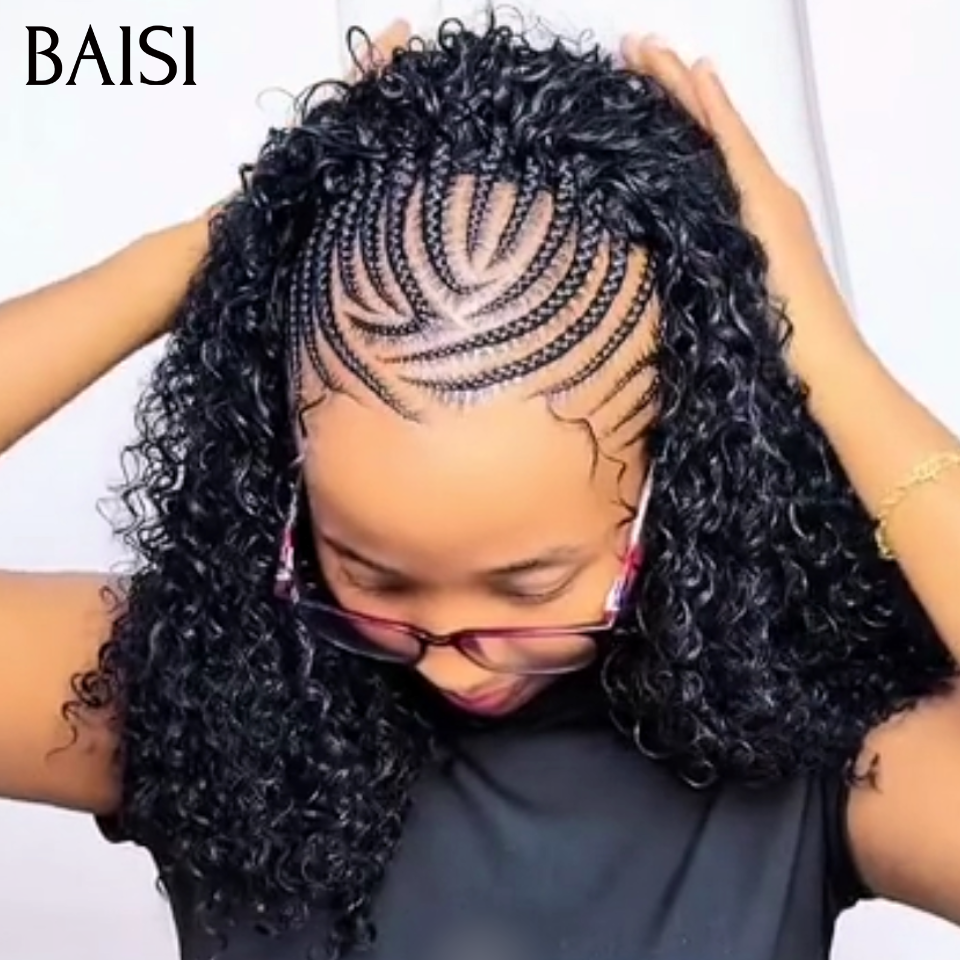 BAISI 13x6 Lace Perruque Coiffée Curly Devantures Nattes Croisées 16Pouces 159€ Couleur Noir 1B# Tendance et Authentique en 100% Cheveux humains