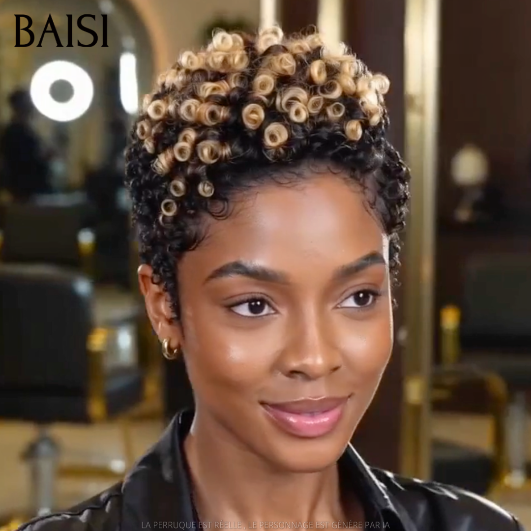 BAISI 13x4 lace Perruque Pixie Curly 79€ en couleur Noir Miel 1B/27# Styler Avec Raie en 100% Cheveux Humains