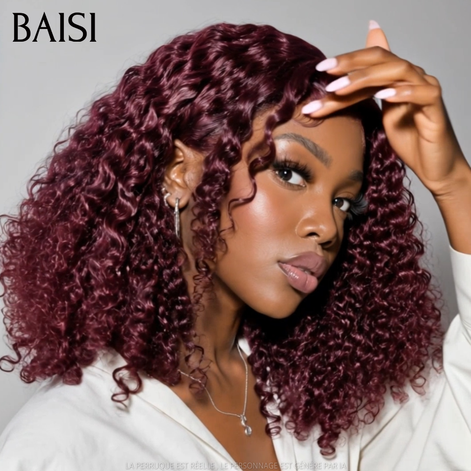 BAISI 4x4 Lace Perruque Bob Curly Rouge Bordeaux 99J 14Pouces 129€ 250% Densité 100% Vietnam Hair Meilleur Prix Meilleur Qualité 100% Identique Super Luxe en 100% Cheveux humains