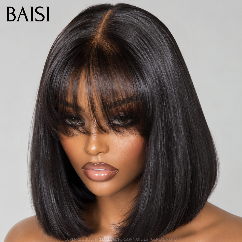 BAISI Lot de 3 Perruques 100% Vietnam Hair 8Pouces En Gros Bob Carré Lisse Avec et Sans Frange Couleur Noir 1B# , Marron 4# et Bordeaux 1B/99J#  Très Facile A Revendre en 100% Cheveux Humains