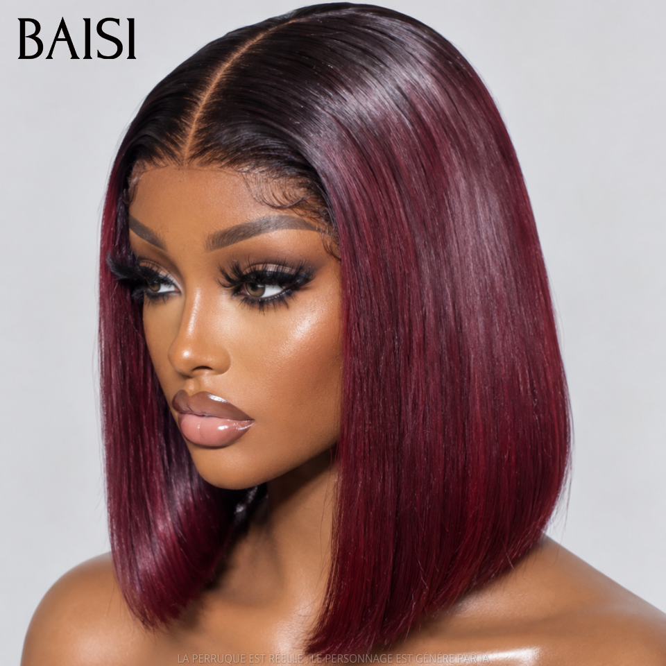 BAISI Lot de 3 Perruques 100% Vietnam Hair 8Pouces En Gros Bob Carré Lisse Avec et Sans Frange Couleur Noir 1B# , Marron 4# et Bordeaux 1B/99J#  Très Facile A Revendre en 100% Cheveux Humains