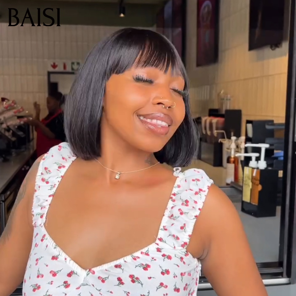 BAISI Perruque Bob Avec Frange 59€ Seulement  Coupe Chinoise  Lisse Pas Besoin de Colle Parfaite Au Quotidien en 100% Cheveux Humains