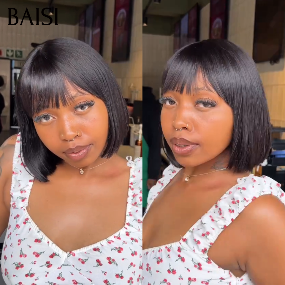BAISI Perruque Bob Avec Frange 59€ Seulement  Coupe Chinoise  Lisse Pas Besoin de Colle Parfaite Au Quotidien en 100% Cheveux Humains