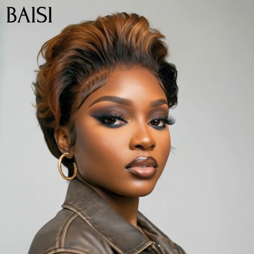 BAISI 13x4 Lace Perruque Pixie Lisse Couleur Noir et Marron Clair 1B/30 La Classe Totale Pour Femme Affairée en 100% Cheveux humains