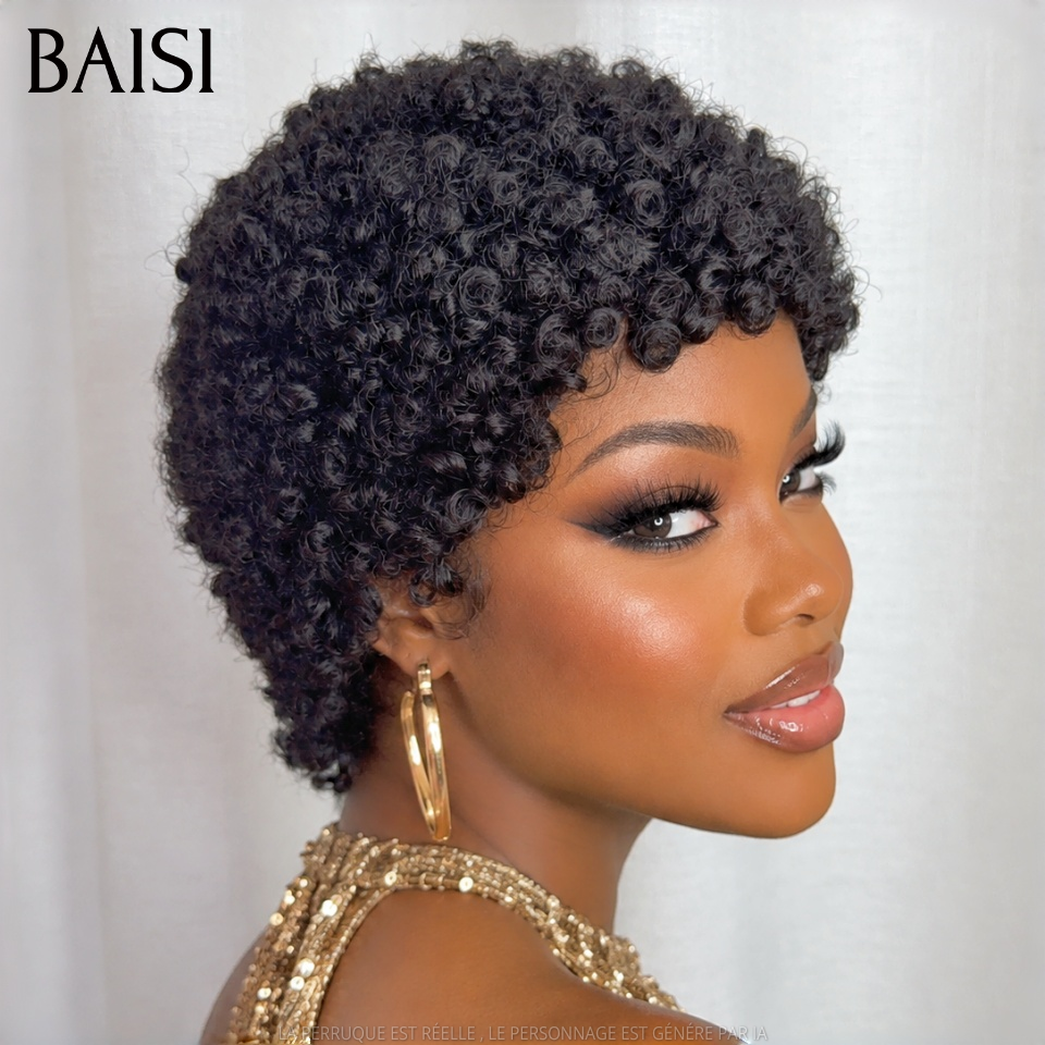 BAISI Perruque Pixie Afro curl Couleur Noir 1B# 56€ Sans Colle Sans Lace Pour Débutante Beauté Possessive en 100% Cheveux humains