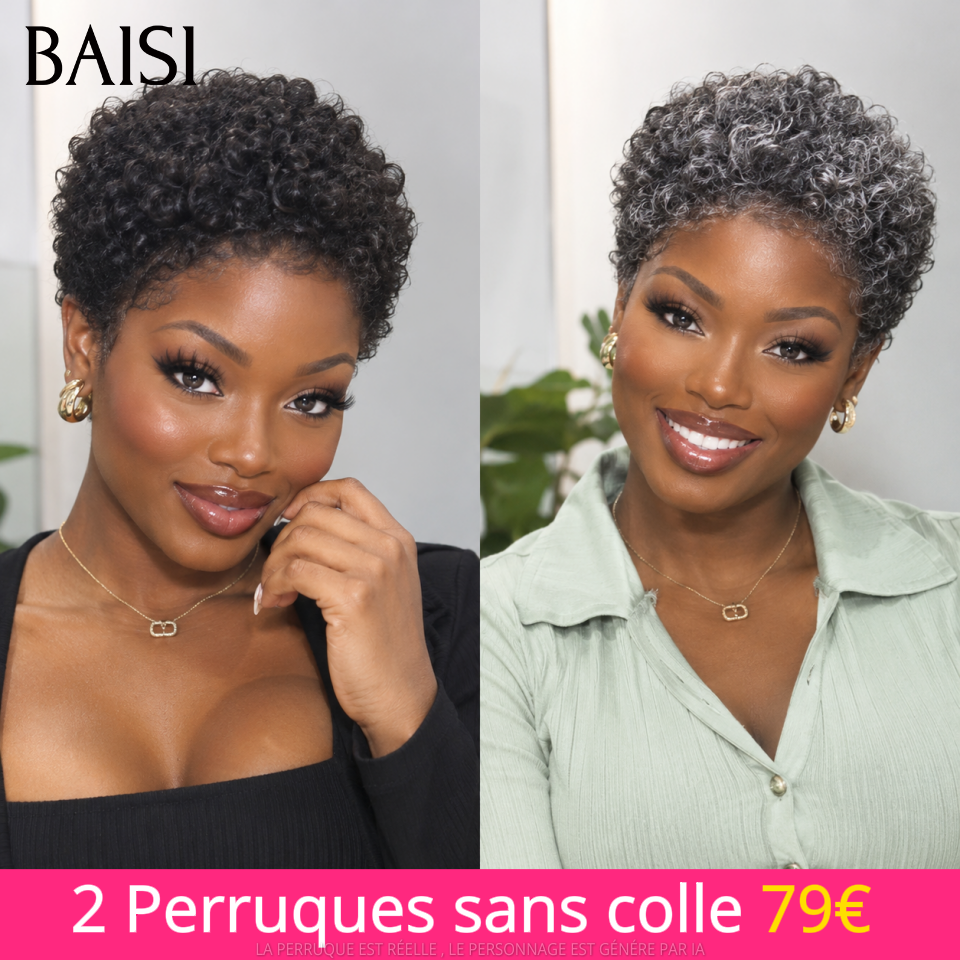 BAISI Vente Combinée 2 Perruques Sans Colle 79€ afro curly NOIR et gris 100% Cheveux Humains Fabriqué à la Machine