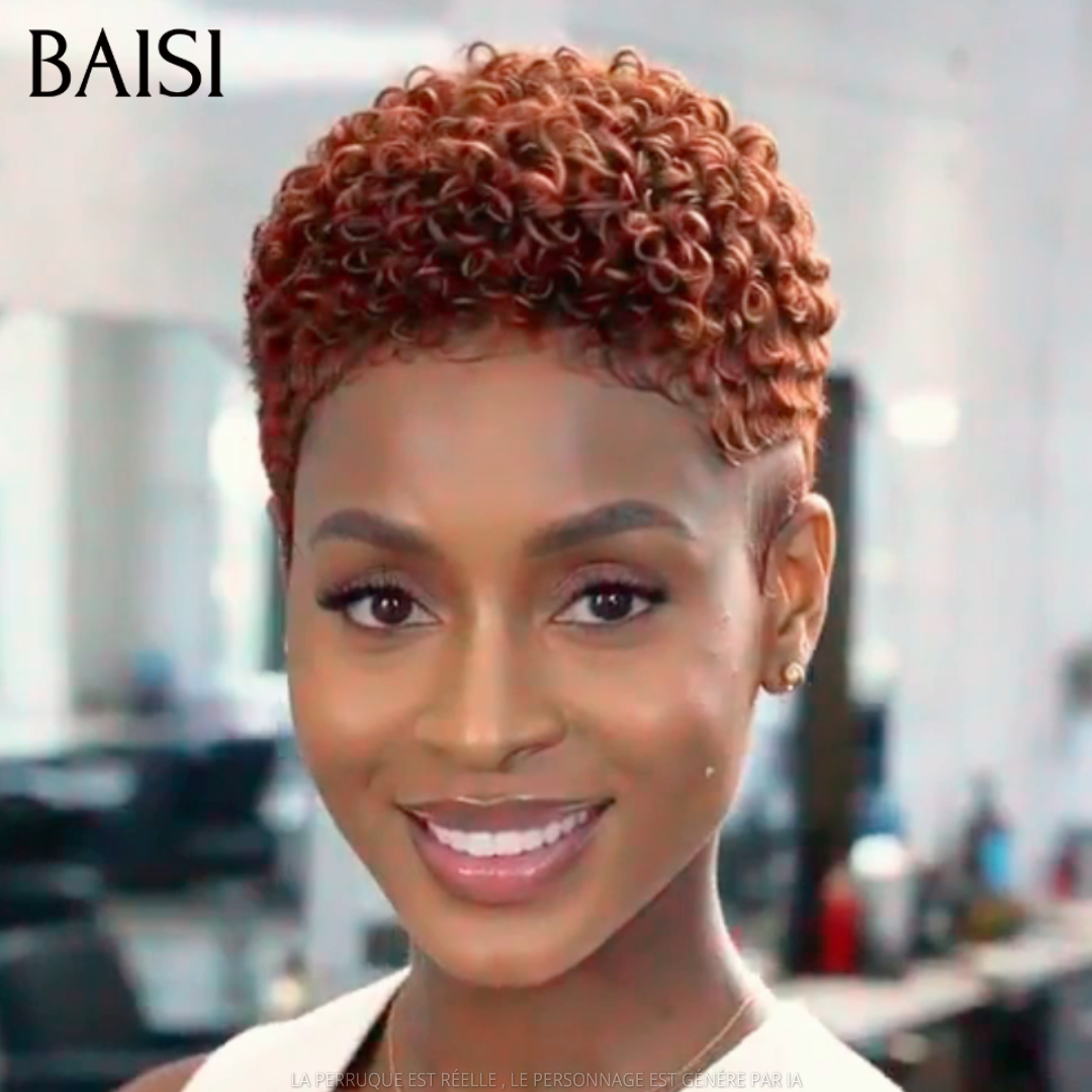 BAISI Perruque Pixie Courte Curly Déjà Coiffée En Full Lace ou Sans Colle Sans Lace Couleur Orange Gingembre #350 Super Stylé en 100% Cheveux humains