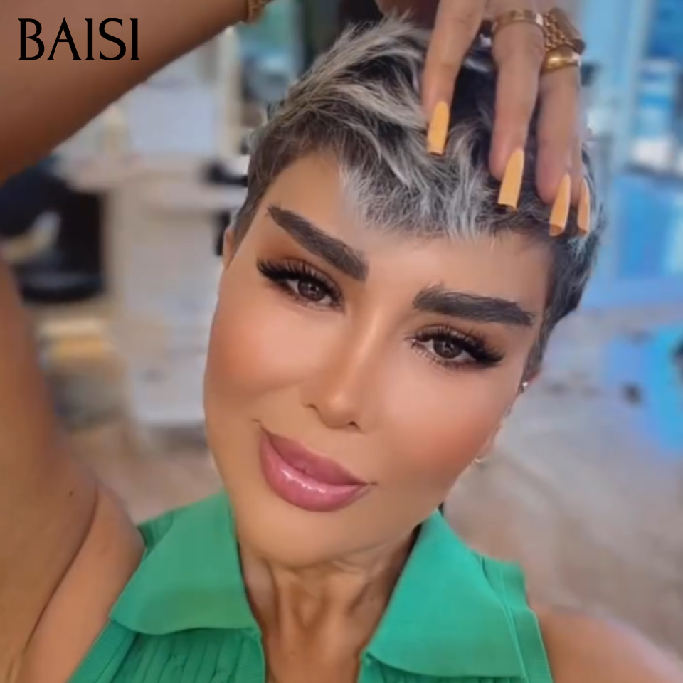 BAISI 13x4 Lace Perruque Pixie Courte Lisse 1BGris 99€ Ou Gris 98€ Style Contemporaine Rajeûnissante en 100% Cheveux humains