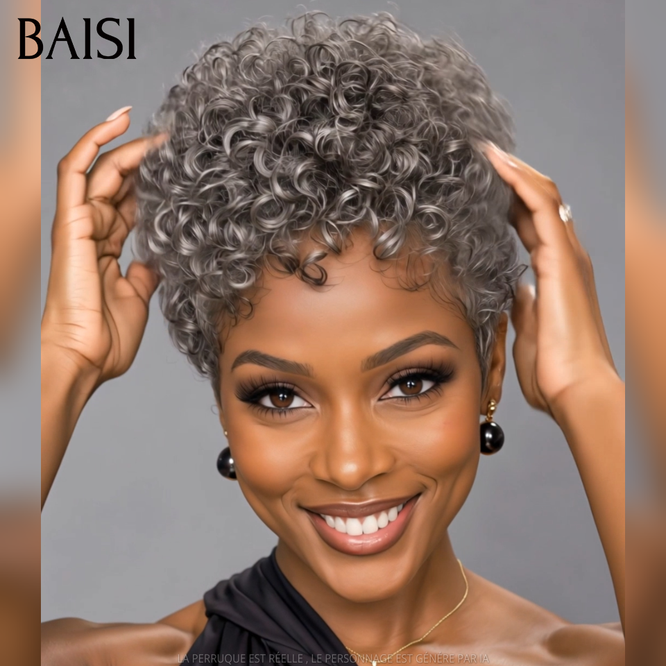 BAISI Perruque Pixie Curly Wave Couleur Gris# 89€ Sans colle Sans Lace Coiffure Rajeûnissante Très Bonne qualité en 100% Cheveux humains
