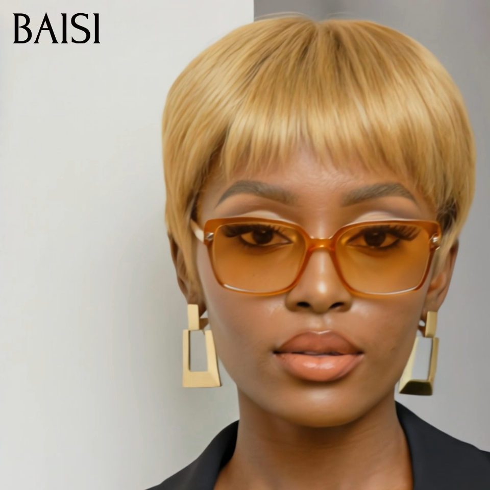 BAISI Perruque Pixie Lisse Courte 45€ Couleur Marron Doré 33#  Sans Colle Sans Lace Facile A Porter en 100% Cheveux humains
