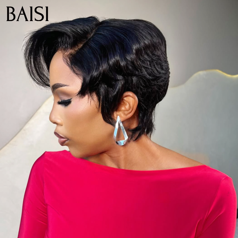 BAISI  13X4 lace Perruque Pixie Lisse Noir 6Pouces Prix Promo 68€ Seulement en 100% Cheveux Humains