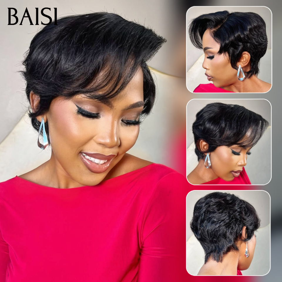 BAISI  13X4 lace Perruque Pixie Lisse Noir 6Pouces Prix Promo 68€ Seulement en 100% Cheveux Humains